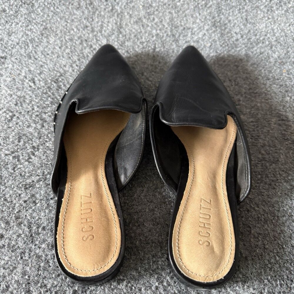 Schutz Black Studded Leather Mule Flats Pointed Toe Slip-On Women's US 8B - Picture 6 of 8